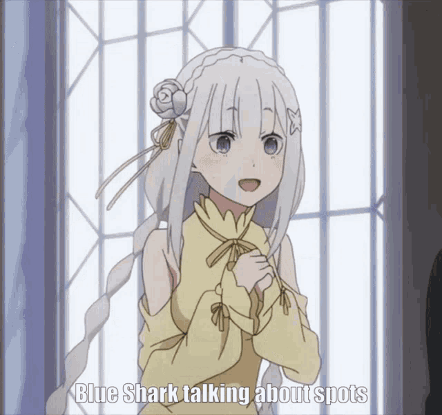 a picture of a girl with the words blue shark talking about spots below her