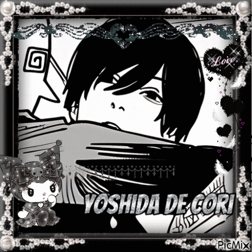 a black and white drawing of a person with the name yoshida de cori on it