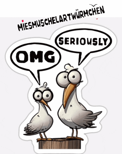 two seagulls are standing next to each other and one of them is saying omg seriously