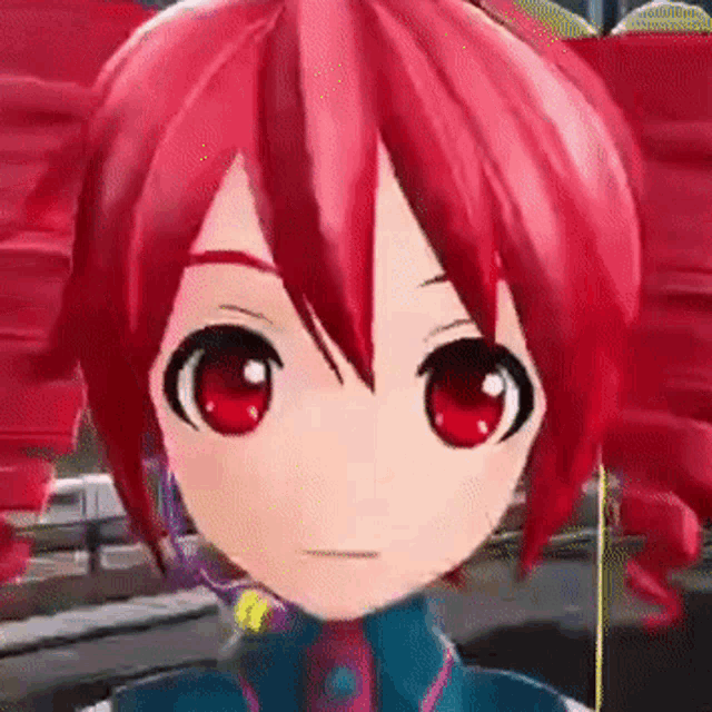 a close up of a red haired anime girl 's face .