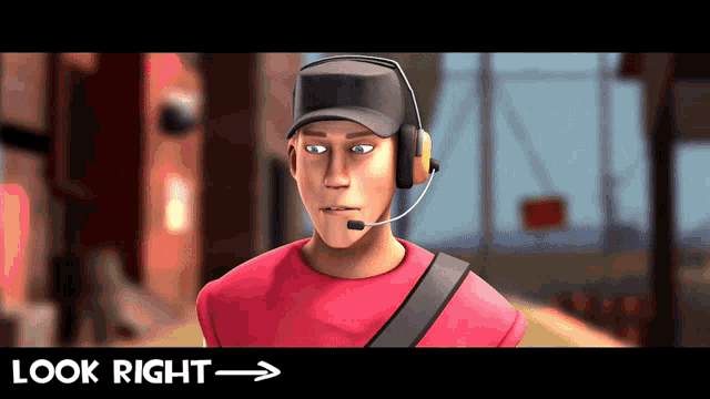 a cartoon character wearing headphones and a red shirt with the words look right below him
