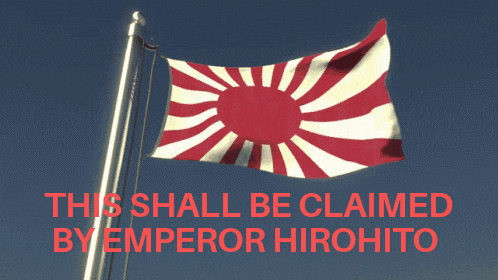 a red and white flag with the words " this shall be claimed by emperor hirohito " below it