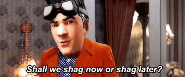 a cartoon character wearing goggles and an orange suit is asking shall we shag now or shag later ?