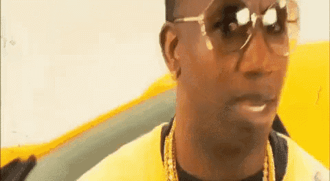 a close up of a man wearing sunglasses and a gold chain .