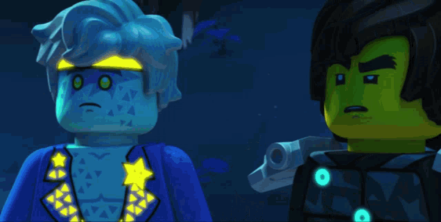 two lego characters are standing next to each other and one says " yeah he 's the not the brightest is he ? "