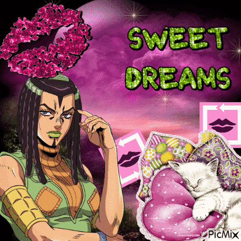 a picture of a woman and a cat with the words sweet dreams written on it