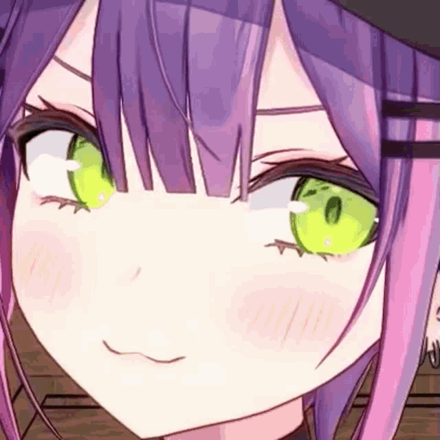 a close up of a girl with purple hair and green eyes