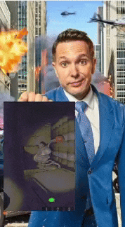 a man in a blue suit and tie is holding a picture of a helicopter