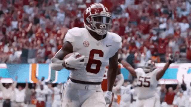 a football player wearing a jersey with the number 6 on it is running with the ball .
