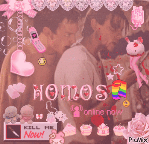 a picture of two people with the word homos in pink