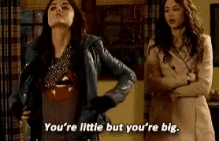 two women are standing next to each other and one of them is saying `` you 're little but you 're big ''