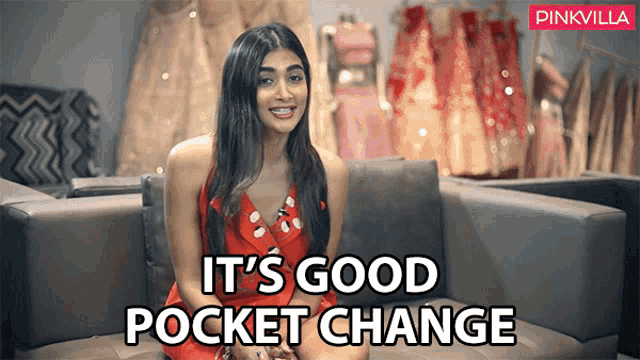 a woman sitting on a couch with the words it 's good pocket change written on the bottom