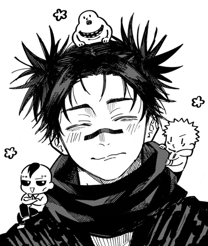 a black and white drawing of a boy with a monster on his head