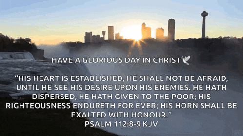 a poster that says have a glorious day in christ with a waterfall in the background