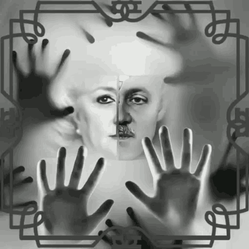 a black and white photo of a man 's face and hands
