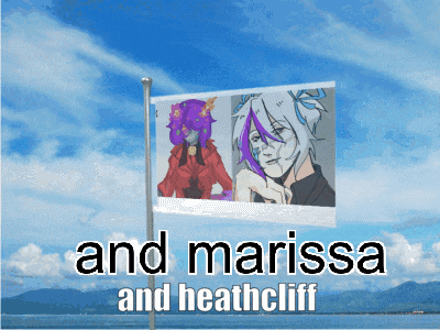 a flag that says " and marissa and heathcliff " with a blue sky in the background