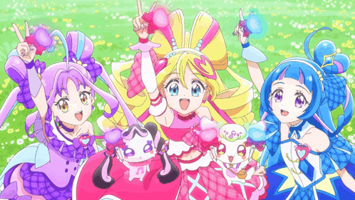 a group of anime girls are standing in a field with their arms in the air
