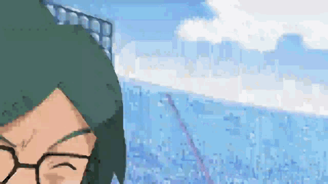 a pixel art drawing of a man with glasses and green hair