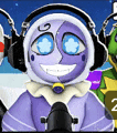 a purple cartoon character wearing headphones and a helmet is driving a car .