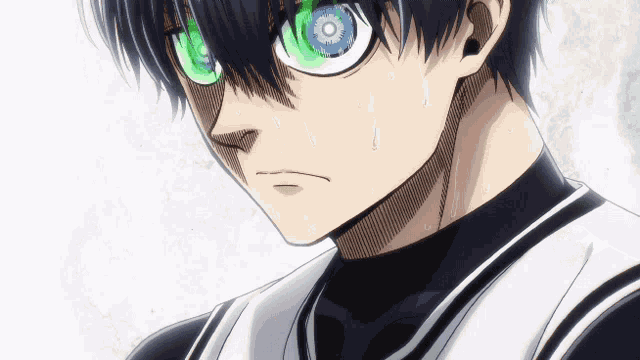 a close up of a person with blue eyes
