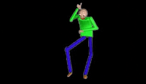 a cartoon character in a green shirt and blue pants is dancing .