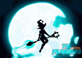 a silhouette of a witch on a broom in front of a full moon with the words " the metal flamers " below her