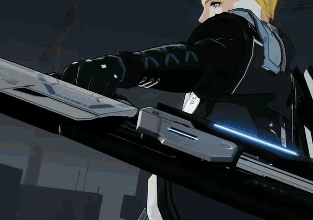 a man in a futuristic suit is holding a very large sword