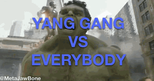 a picture of the hulk with the words " yang gang vs everybody "