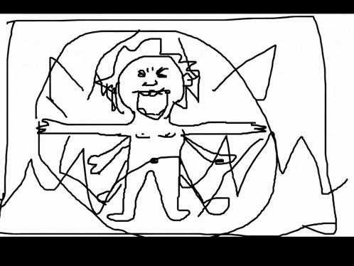a black and white drawing of a naked man with a spider on his head
