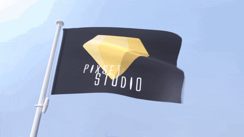 a black flag with the word pixset studio on it