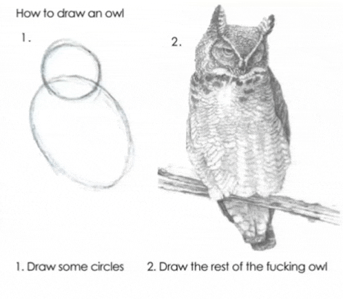 a drawing of an owl sitting on a branch with instructions on how to draw an owl