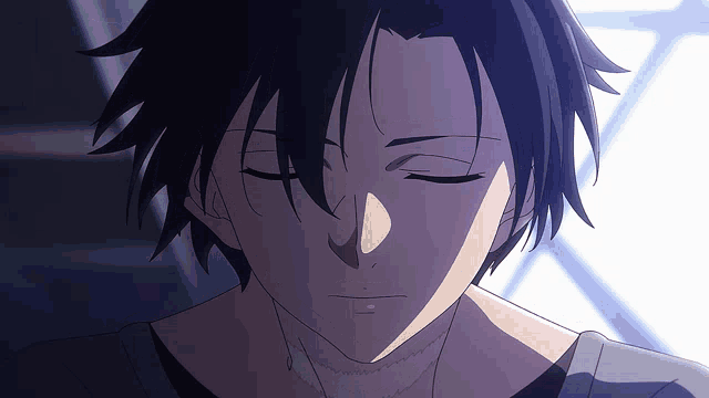 a close up of a anime character with his eyes closed