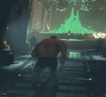 a video game scene with a monster and a green pyramid in the background