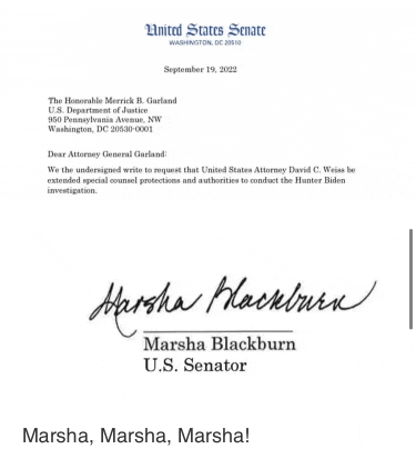a letter from marsha blackburn u.s. senator to the honorable merrick b garland u.s. department of justice