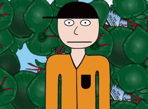 a cartoon of a man standing in front of a bunch of green balloons that say i 'm a waste
