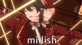 a couple of anime characters standing next to each other with the word millish written on the bottom