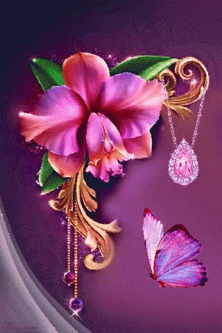 a butterfly is flying next to a flower and necklace on a purple background