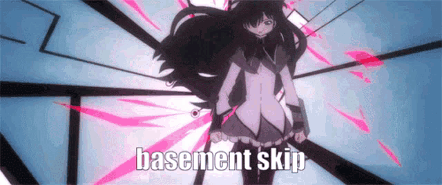 a picture of a girl with the words basement skip written below her