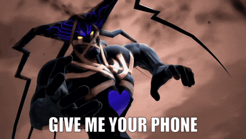 a video game character with a purple heart and the words give me your phone