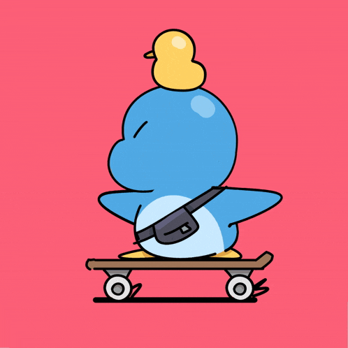 a cartoon penguin is riding a skateboard with a duck on its head