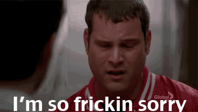a man in a red shirt says " i 'm so frickin sorry "