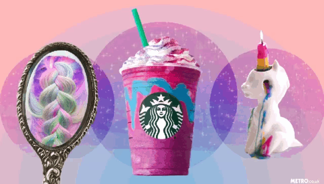 a starbucks drink , a mirror , and a unicorn figurine on a pink background .