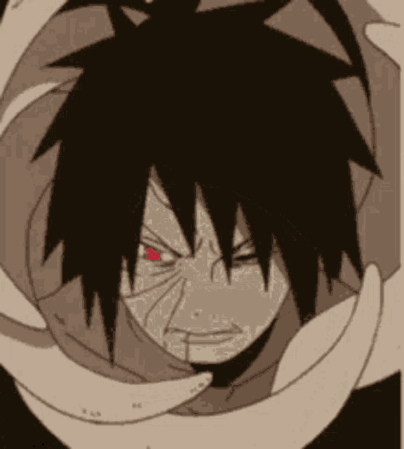 a black and white drawing of a man with red eyes .