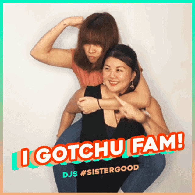 a woman is carrying another woman on her back with the words " i gotchu fam " on the bottom