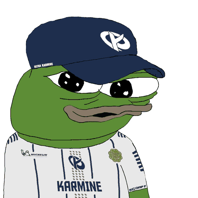 a cartoon frog wearing a blue hat and a shirt that says karmine