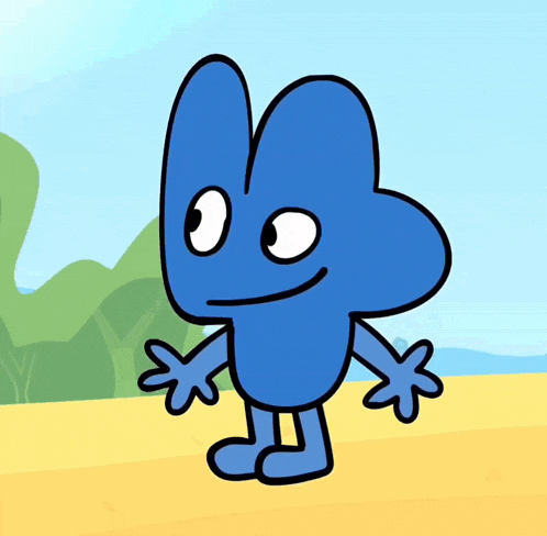 a cartoon drawing of a blue object with a big smile on his face