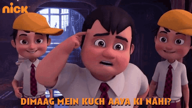a cartoon of a boy with the words " dimaag mein kuch aaya ki nahi "