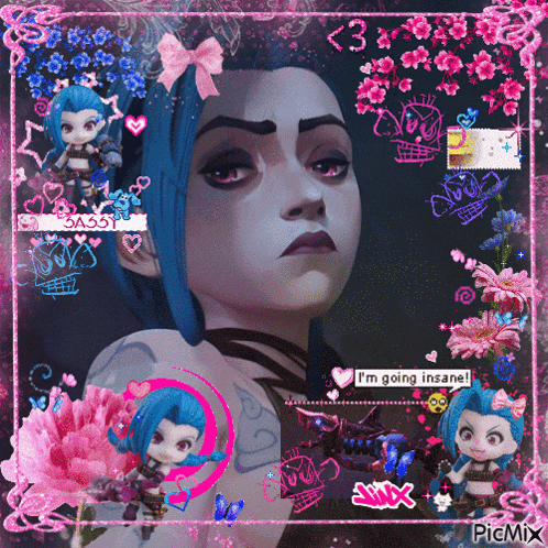 a picture of jinx from league of legends is surrounded by flowers and hearts