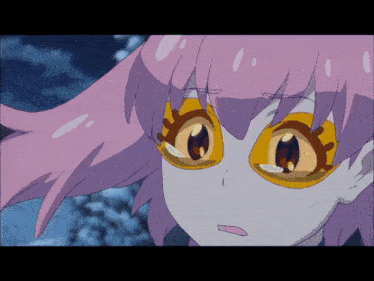 a close up of a cartoon character with purple hair and yellow eyes