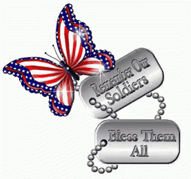 a butterfly and dog tags with the words remember our soldiers bless them all